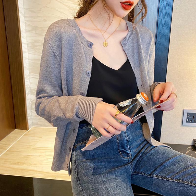 Милый однотонный повседневный вязаный женский кардиган осенний облегающий элегантный с круглым вырезом зимний женский кардиган свитер модный повседневный базовый трикотаж топы 31072