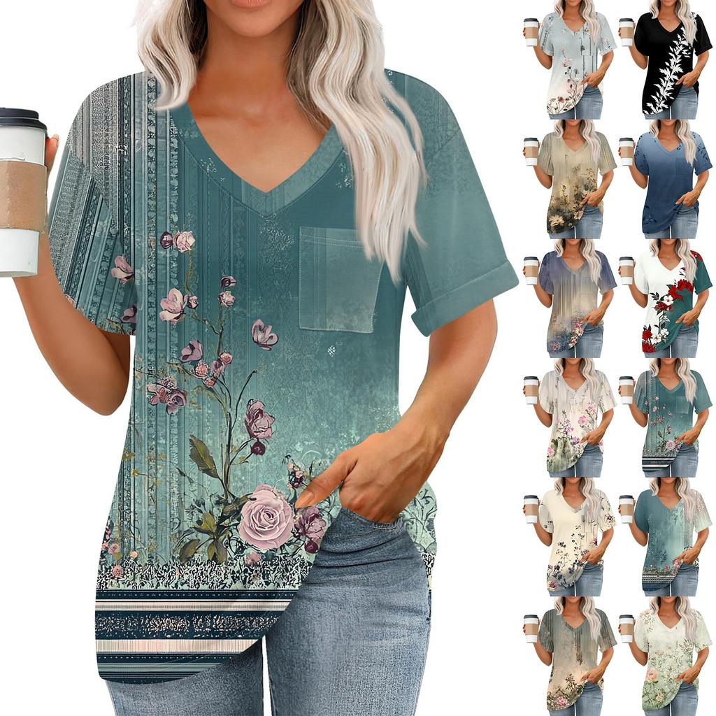 Womens Tops V-neck Short Sleeve Blouses Casual Fashion Print Tunic Tops With Pockets