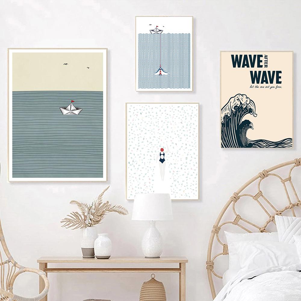 Surfer Wave Canavs живопись плавающая женщина в листьях принты скандинавский морской оригами лодка морской плакат домашний художественный декор фотографии