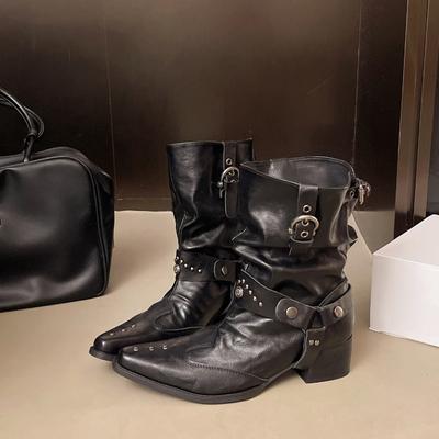 Женские рыцарские ботинки Винтажные ботинки с заклепками Осенние женские элегантные ботильоны с острым носком и толстым каблуком Ковбойские боты для женщин