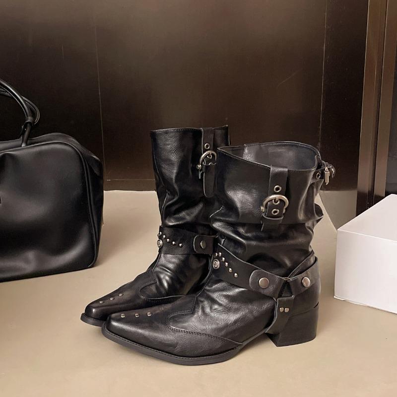 Женские рыцарские ботинки Винтажные ботинки с заклепками Осенние женские элегантные ботильоны с острым носком и толстым каблуком Ковбойские боты для женщин