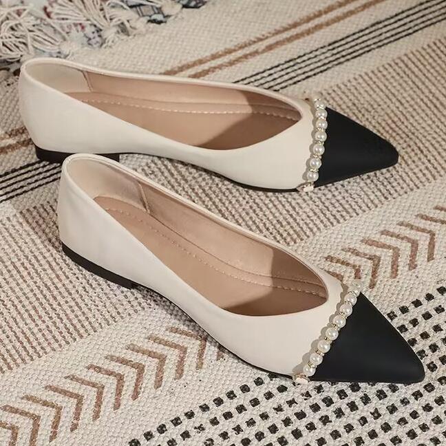 Splicing Color Pearl Pointed Toe Woman Flats Promotion Spring and Autumn Chic Point Comfortable Elegant Slip-on Shoes for Women