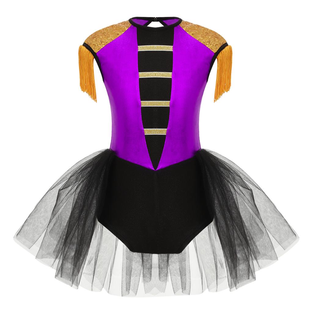 Girls Circus Ringmaster Costume Sleeveless Sequins Jumpsuit Tassels Open Back Short Unitard Dance Performance Wear