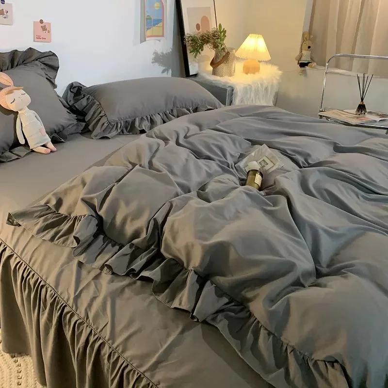 Комплект постельного белья Ins Princess Style для женщин, милых девочек, однотонные оборки, пододеяльник, простыня размера Queen King, юбка, наволочки