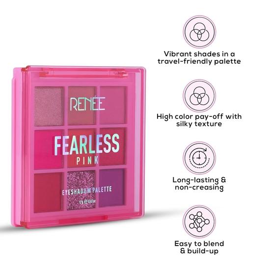 Палитра теней для век RENEE Fearless - розовая, 12 г, мерцающие и матовые яркие оттенки, удобны для путешествий, долговечны, не собираются в складки, легко растушевываются