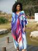 EDOLYNSA Blue Bohemian Relaxed Long Dress Kaftan Caftan Vacation Party House robe Bathing suit cover up Beach Wear Q1634