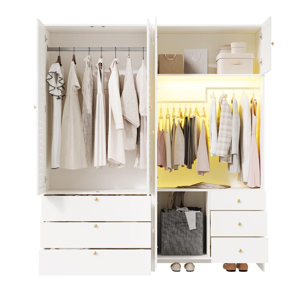 Wardrobe, with Laundry Basket and LED Lighting, White, 180 x 50 x 200 cm, Hinged Door Wardrobe, with 2 Clothes Rails, 1 Laundry Basket and 6 Drawers