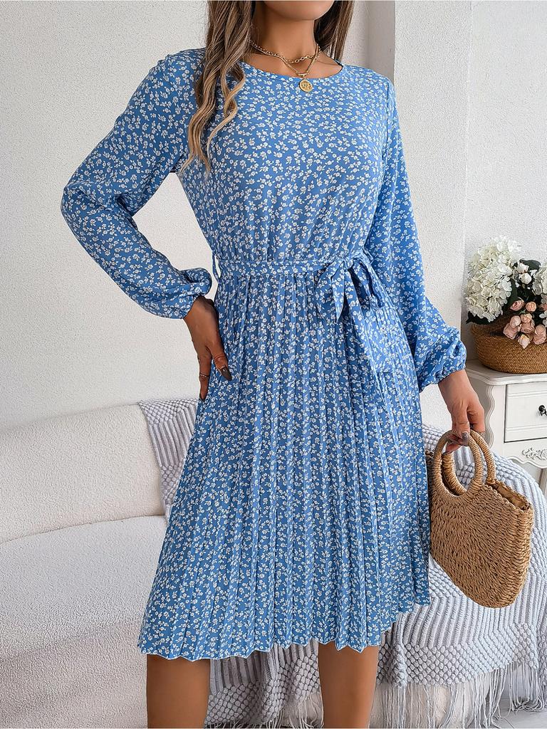 Round Neck Print Flower Dress Waist Hugging Elegant Pleated Dress for Women Long Sleeve Loose Dresses Causal Dress