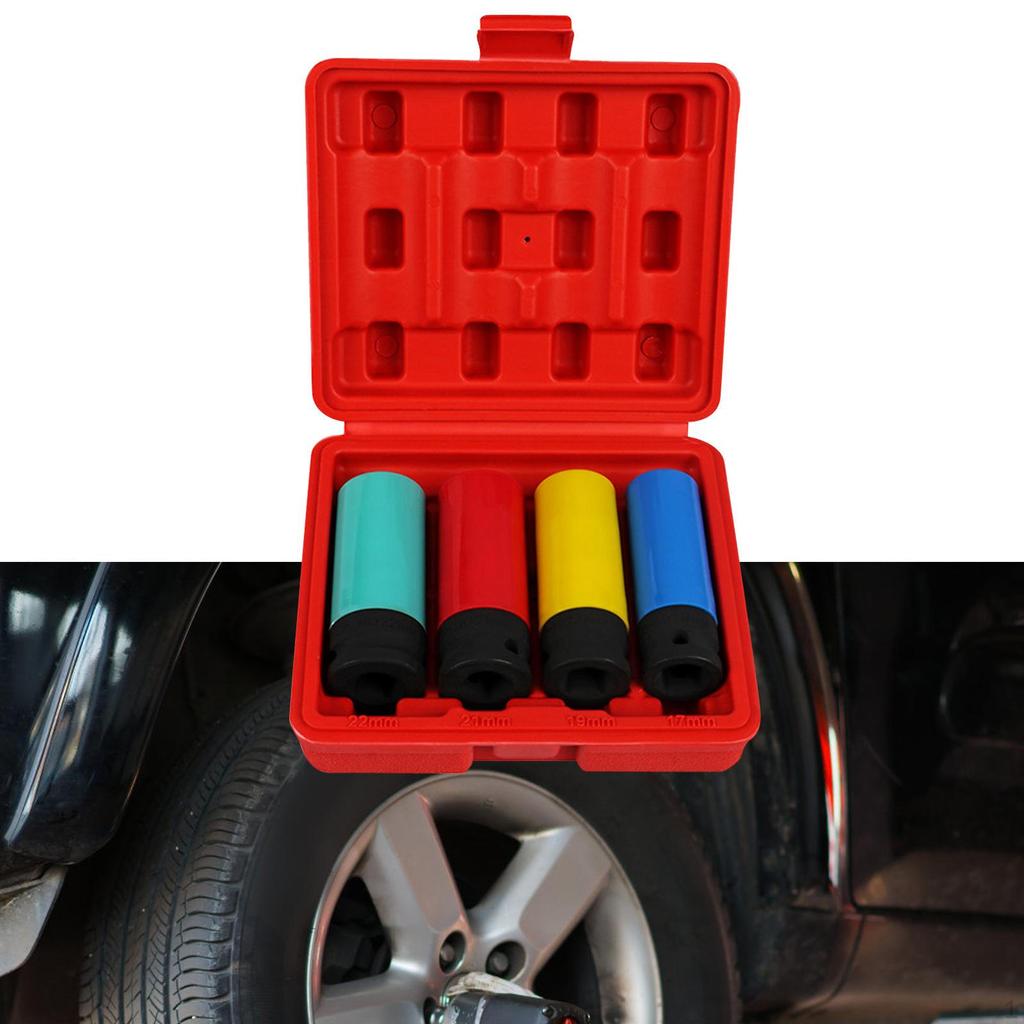 4 Pieces 1/2" Drive Impact Lug Nut Socket Kit 17mm 19mm 21mm 22mm with Colored Protective Covers