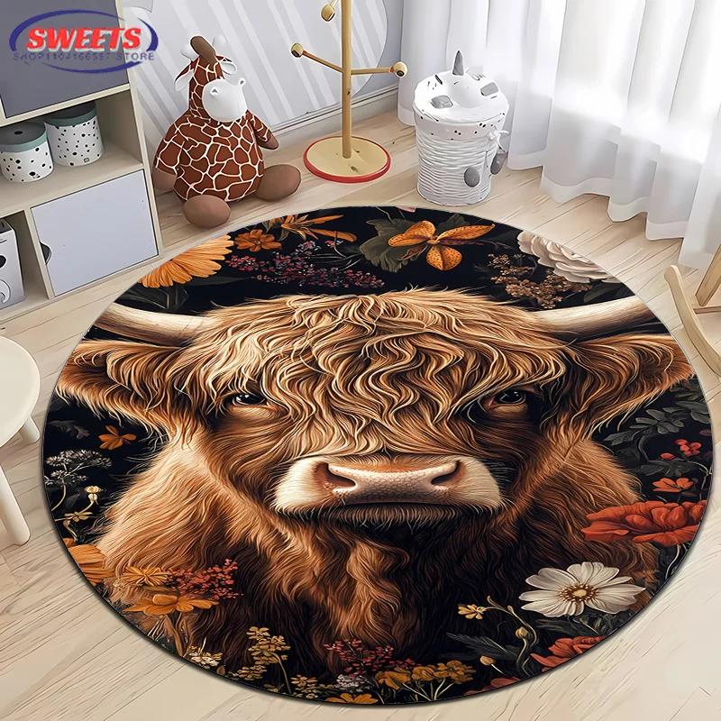 Scottish Highlands Cattle Printed Round Rug Living Room Bed Mat,Non-slip Durable Rug,Modern Simple Style,Machine Washable Carpet