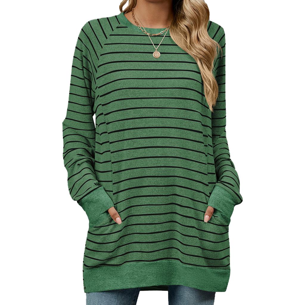 2024 Autumn And Winter New Striped Contrasting Round Neck Long Sleeved Pocket Hoodie T-Shirt For Women
