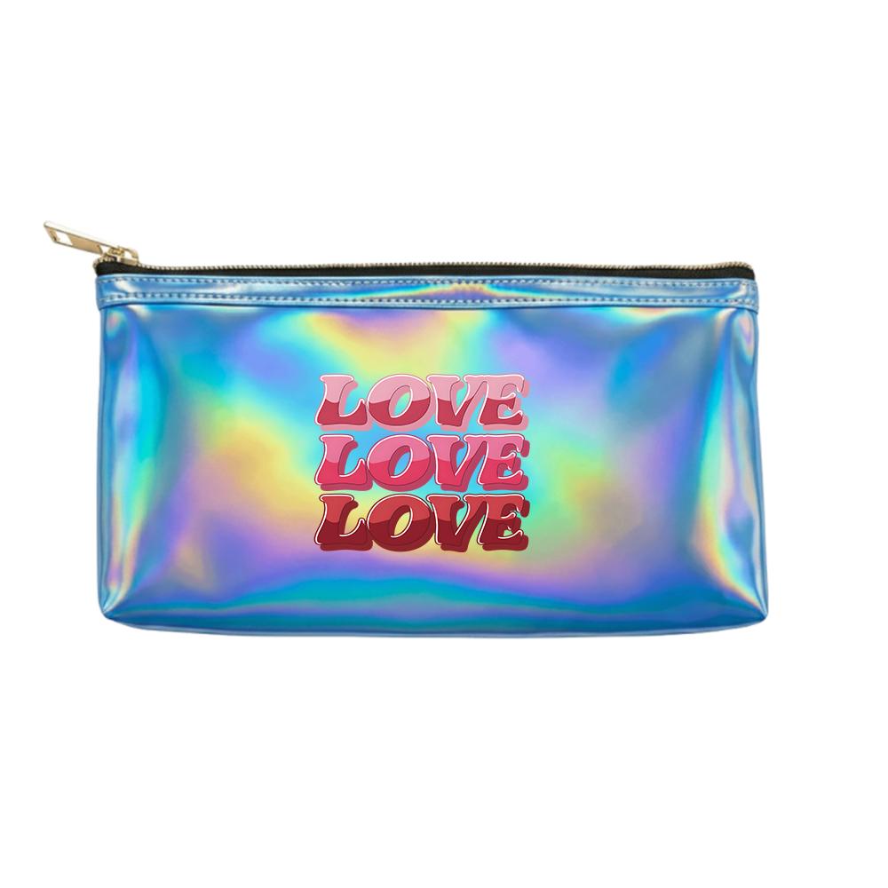 Pink Retro Love Letter Print Holographic Laser Cosmetic Makeup Bag,Iridescent Travel Pouch for Women Girls Birthday Gift Essentials