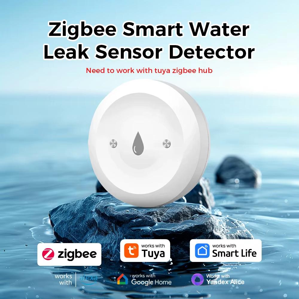 Умный датчик протечки воды Tuya ZigBee 3.0 Датчик затопления и протечки Сигнализация Удаленный мониторинг через приложение Затопление Перелив для кухни Ванной комнаты