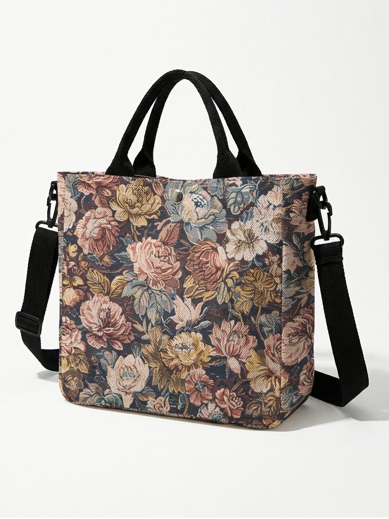 Vintage Dark Peony Rose Floral Canvas Tote Bag Detachable Strap Crossbody Handbag For Women Daily Shopping