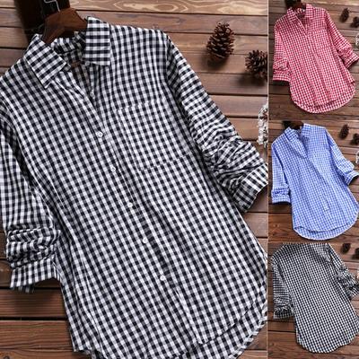Женская повседневная свободная клетчатая рубашка с длинными рукавами и карманами в винтажную клетку с лацканами