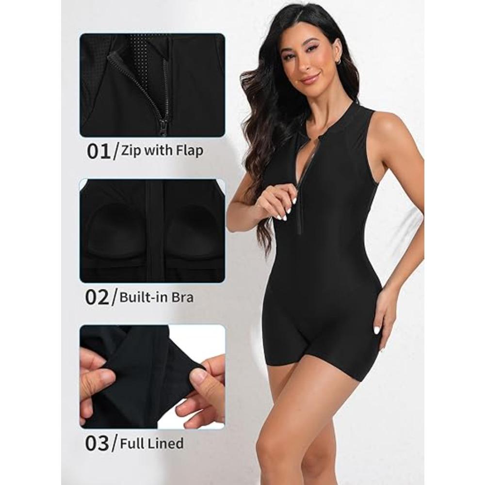 CHARMLEAKS Athletic One Piece Swimsuits for Women Zipper Up Bathing Suits Modest Boyleg Swimwear
