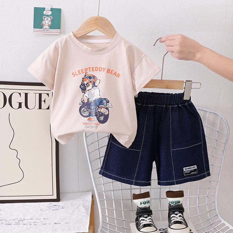 Детский комплект для мальчиков с короткими рукавами и рисунком из мультфильмов, повседневные джинсовые шорты, комплект из двух предметов, удобная одежда для малышей и мальчиков