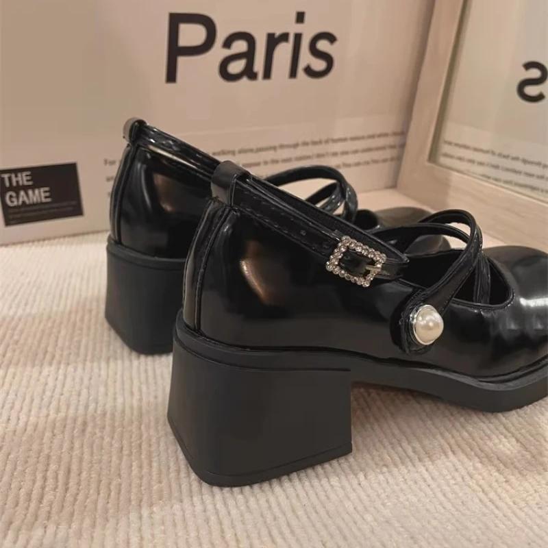 Женские туфли Мэри Джейн в стиле ретро коричневого цвета на высоком толстом каблуке с пряжкой на щиколотке в стиле Лолиты, модные кожаные туфли с круглым носком для женщин