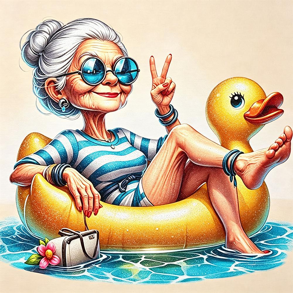 5D Diamond Painting Funny Old Lady Summer Vacation Diamond Art DIY Craft Home Wall Decor Relaxing Pool Party Beads Embroidery
