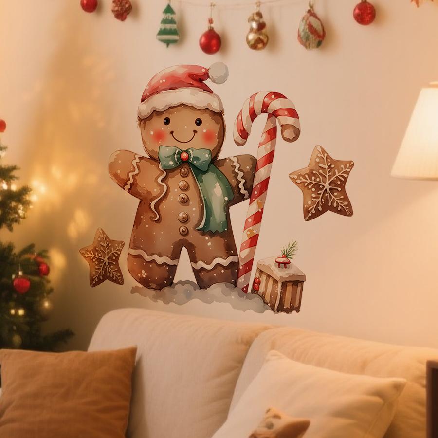 Christmas Gingerbread Man Wall Decals with Santa Hat Green Scarf Removable PVC for Fireplace Living Room Shop Cafe Festive Decor