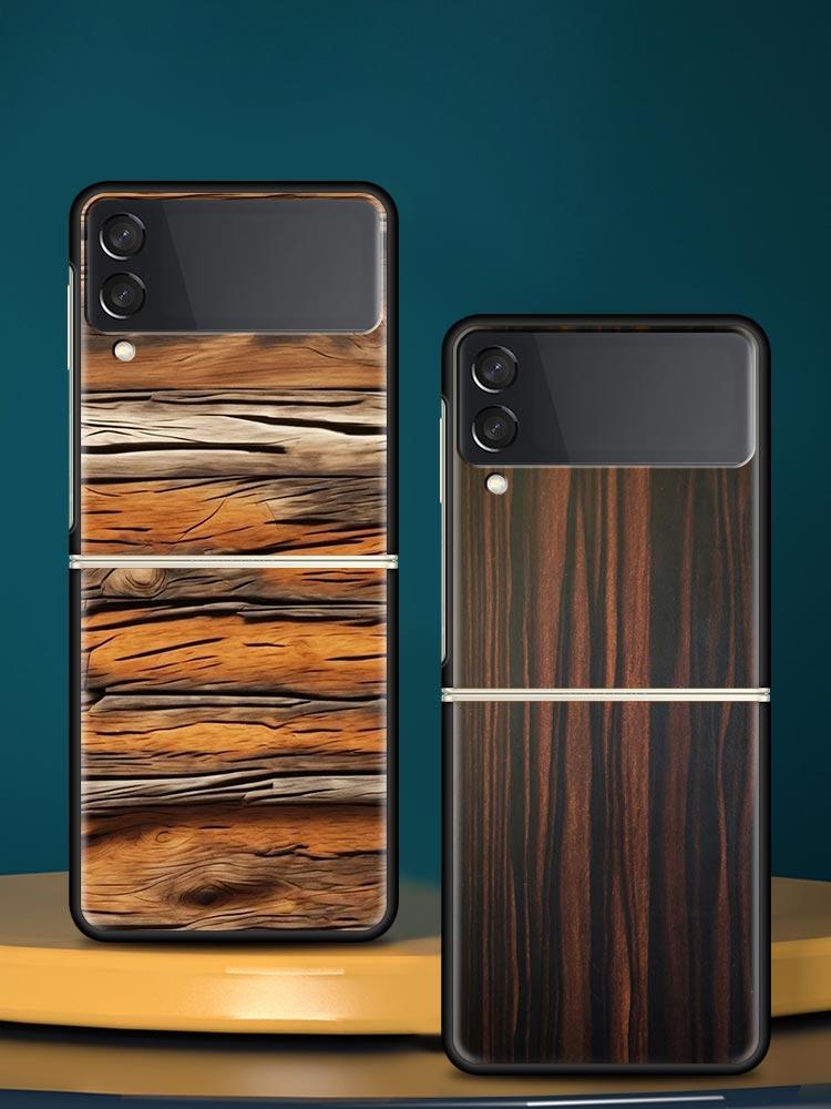 Luxury Vintage Wood Grain Pattern Hard PC Phone Case For Samsung Galaxy Z Flip 7 6 5 4 Black Cover For Galaxy Z Flip 3 Foldable