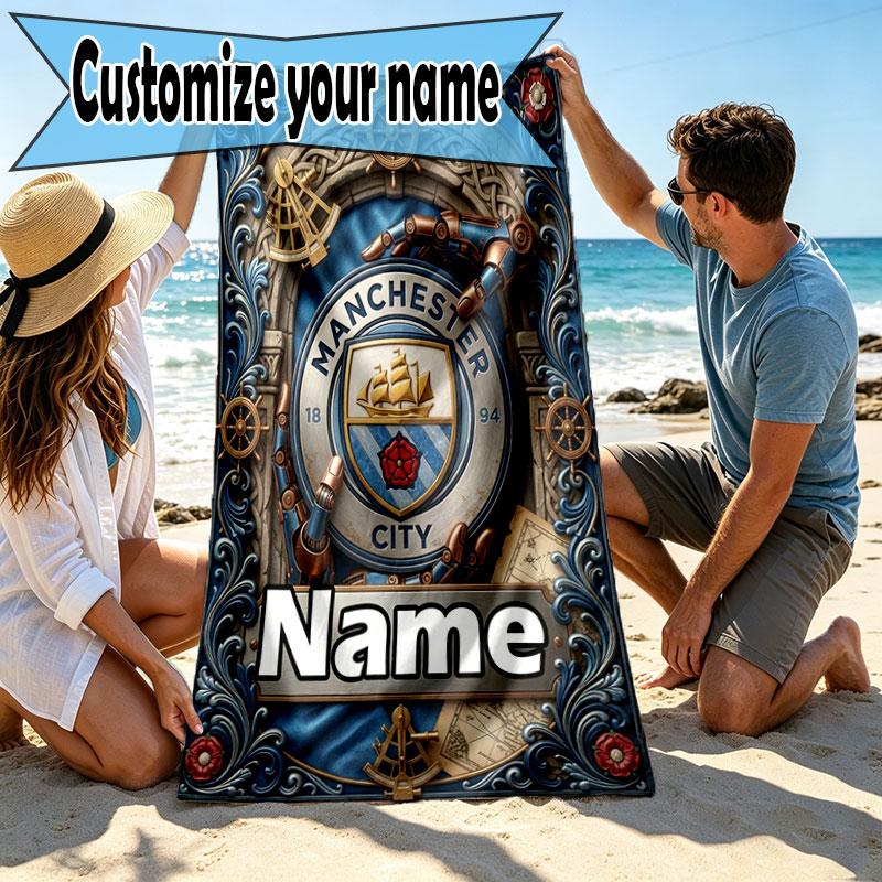 Custom Name Personalized Manchester City Print Beach Towel, for Trip Camping Beach Party Home Decor, Birthday Gift for Family & Friends