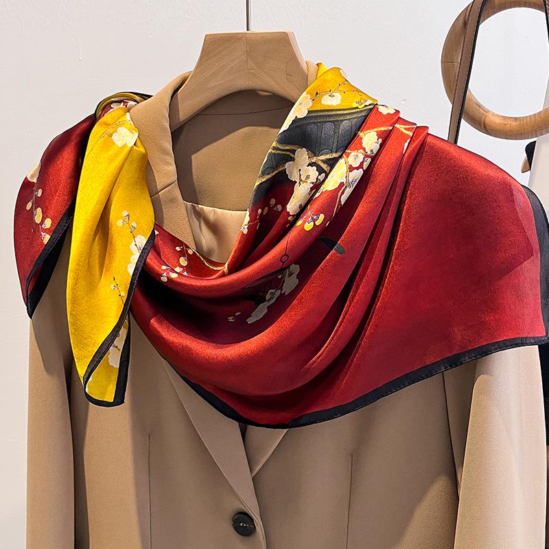 Elegant Striped Silk Scarf: Large Square for Women’s Spring & Autumn, Versatile Sunscreen, Mulberry Silk 90 Shawl