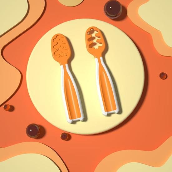 2Pcs Babies Food Training Spoons Set for 6+ Months Attractive Colors Portable Safe TPE Self Feeding Utensils for BLW Toddler Learning Tableware