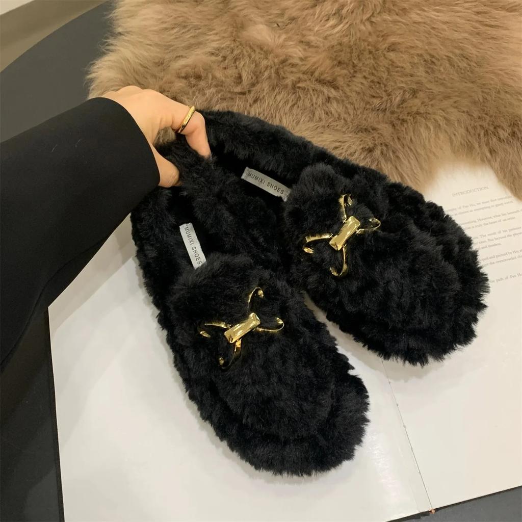 New Fashion Luxury Lambswool Women Loafers Moccasins Femme Winter Cotton Shoes Warm Plush Shoes for Women Chain Ladies Shoe