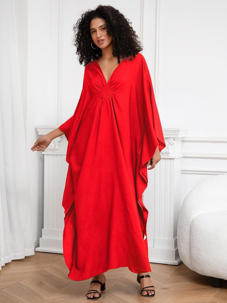 EDOLYNSA Red Women's Kaftan Long Dress Robe Holiday Cover Up Bat Sleeves Beach Dress Lounge wear Q1306