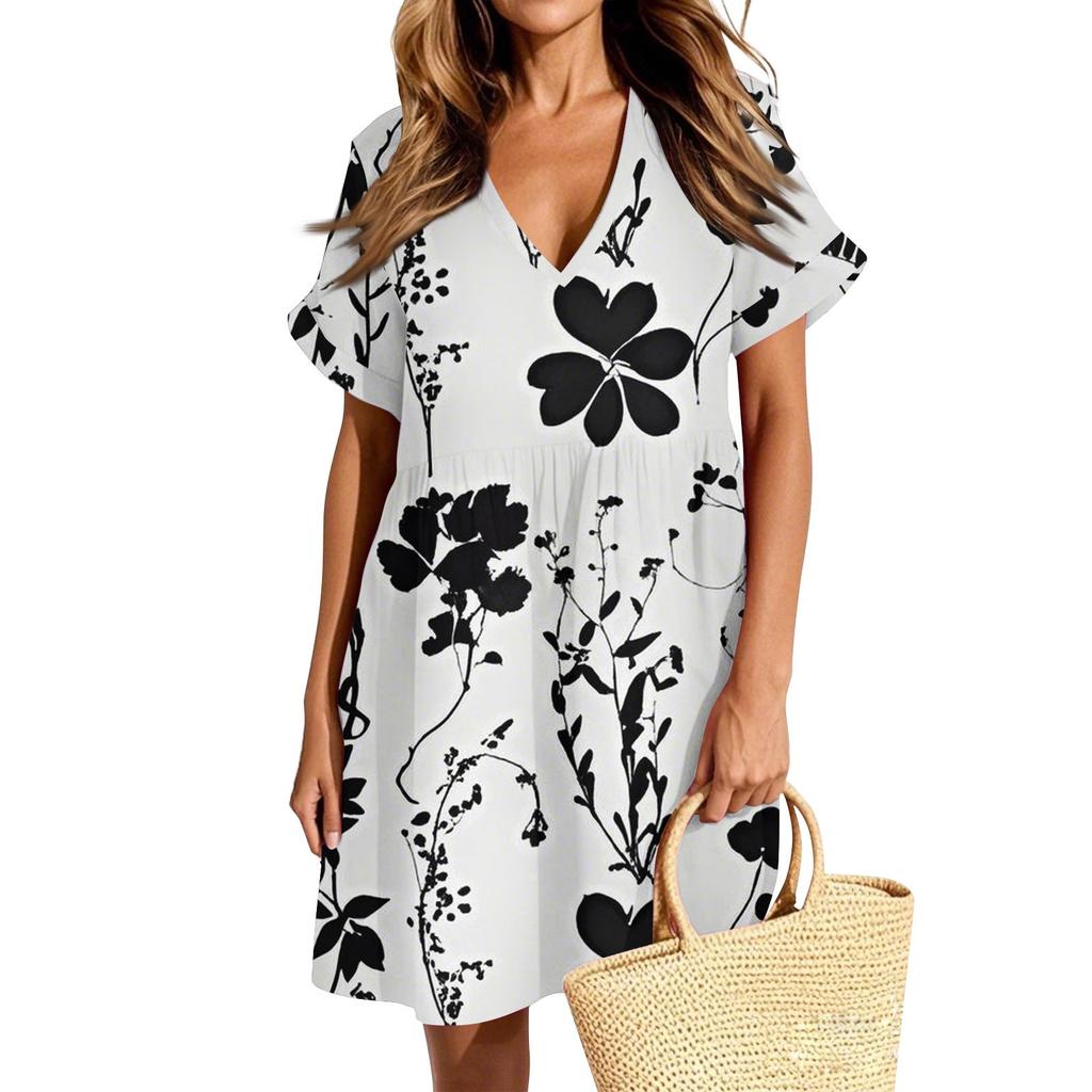 Женское повседневное модное платье с винтажным цветочным принтом и коротким рукавом и V-образным вырезом