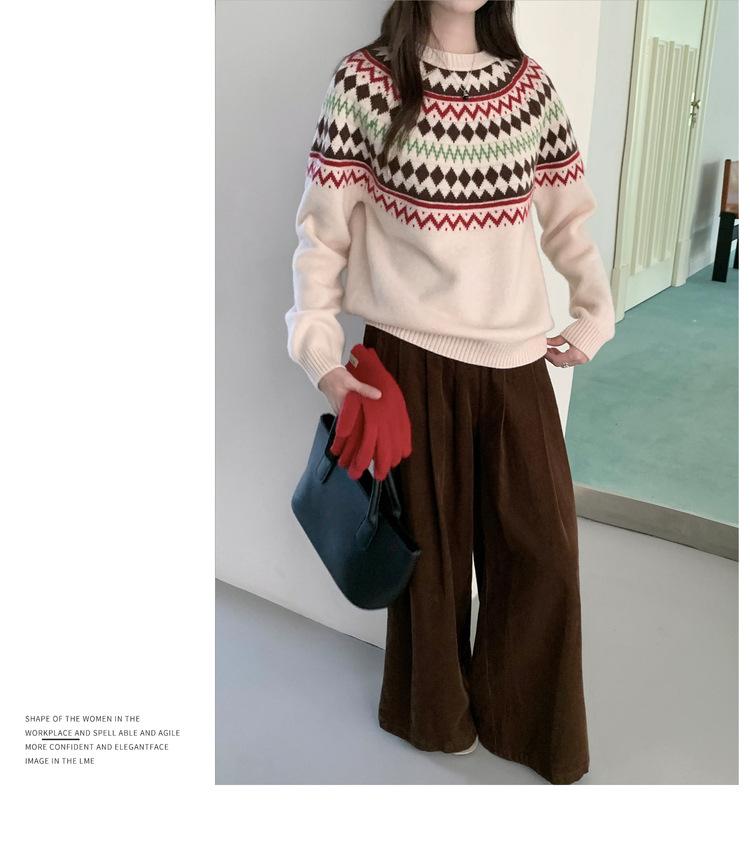 Женский джемпер Fair Isle со круглым вырезом, 100% шерсть - Ретро жаккардовый трикотаж для осени/зимы