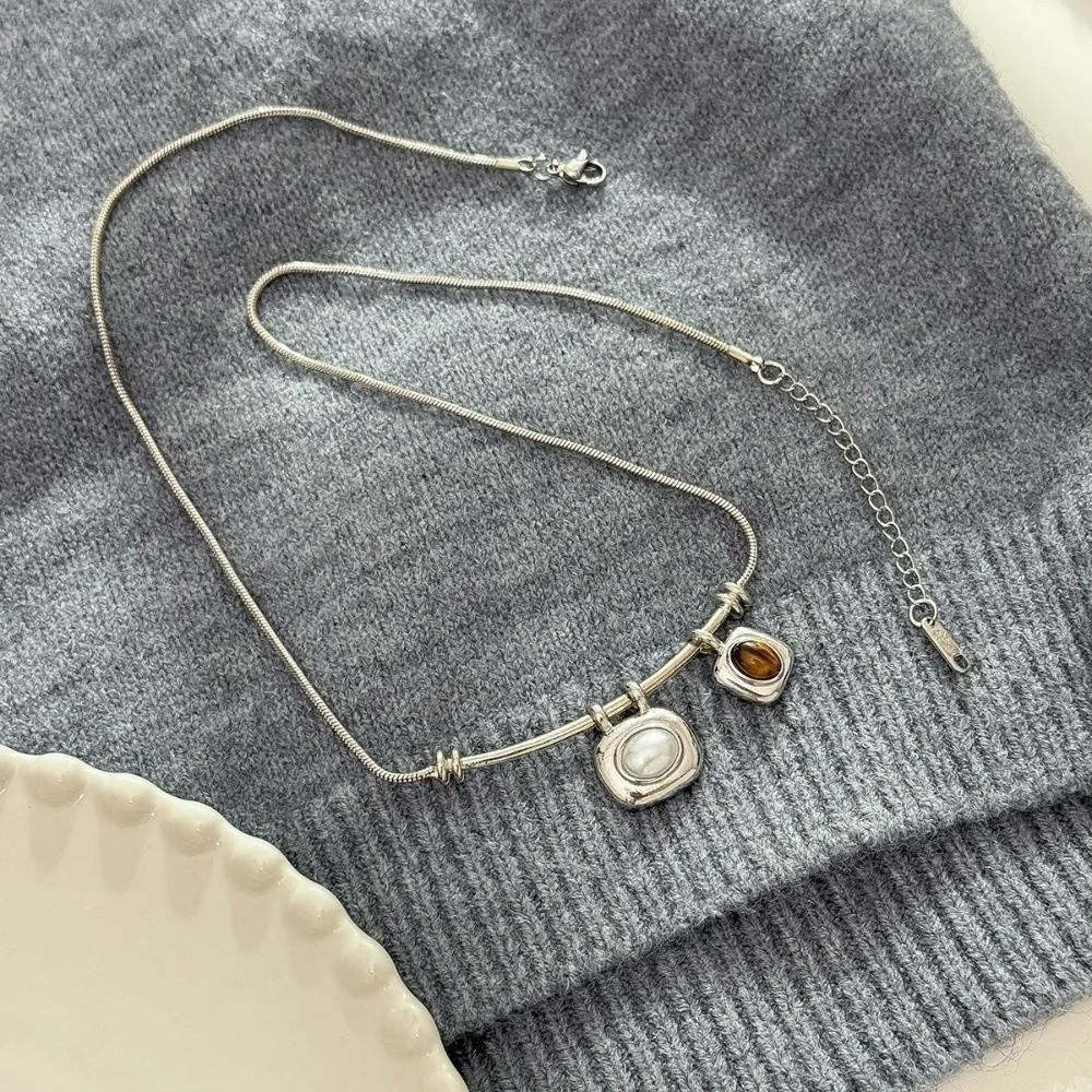 Imitation Pearl Tigereye Stone Pendant Necklaces Geometric Collarbone Necklace  Women