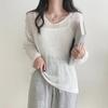 Chic Summer Thin Long Sleeve Casual Sunscreen Shirts Women Fashion Loose V-neck Solid Knitted Blouses Tops Elegant See Through Sexy Lady Shirt 26578