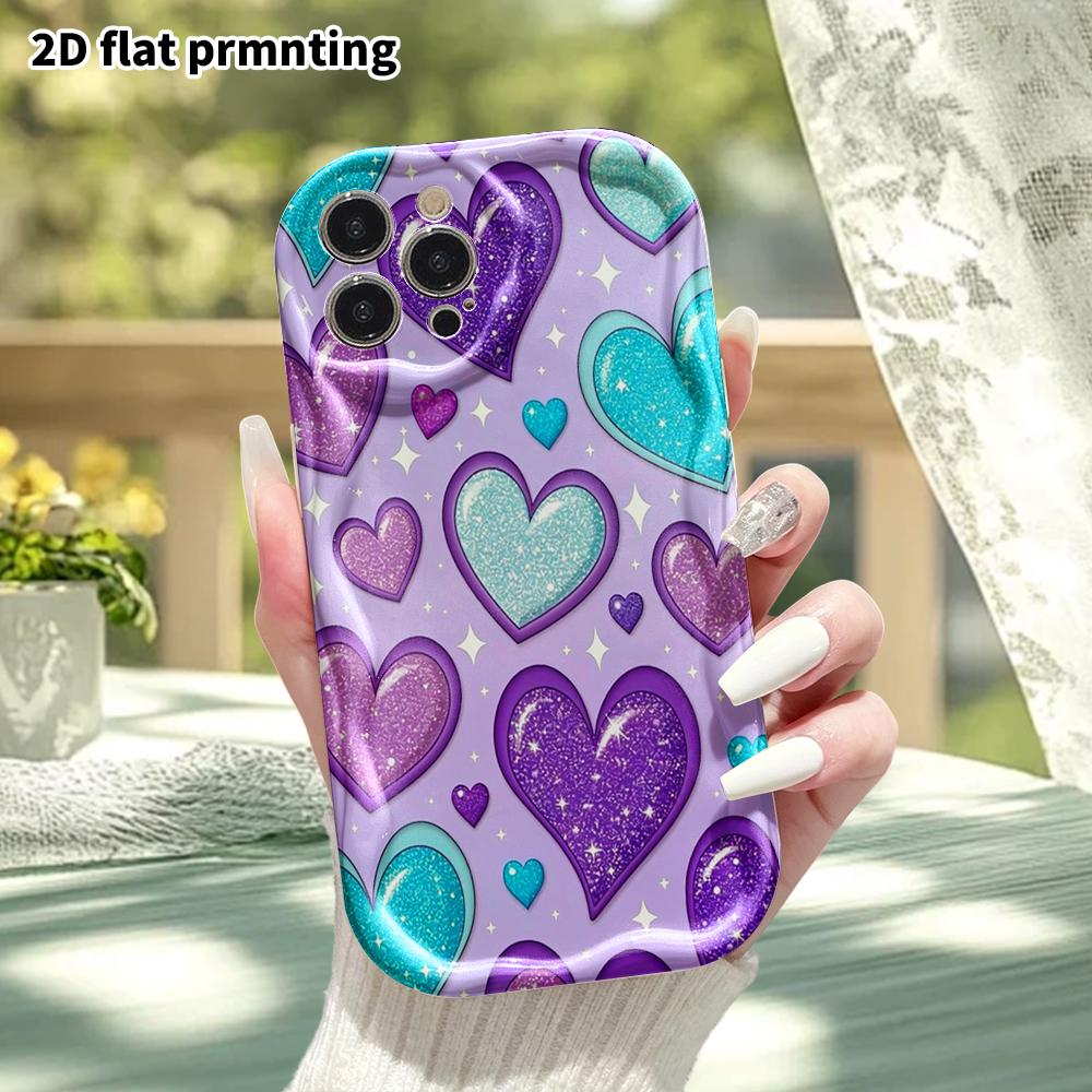 Phone Case: 2D flat, suitable for iPhone 18 17 16 15 14 13 12Pro protective case, phone decoration, purple-blue glitter heart, Halloween and Christmas