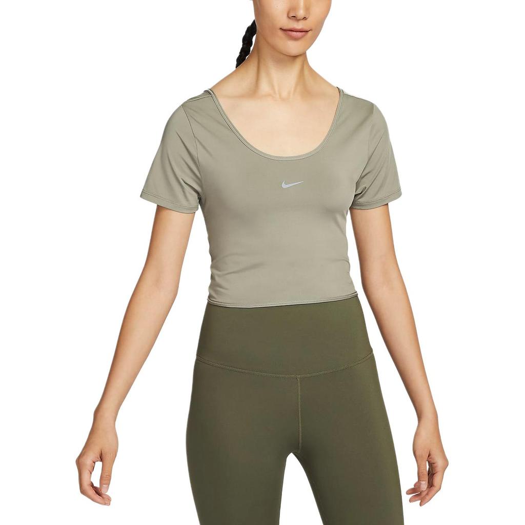 Nike Dri-Fit One Classic Breathable Quick-Dry Pullover Solid Color Small Logo Short Sleeve T Shirt Women Tops Light-Army-Green Black FN2852-320