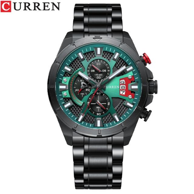 CURREN Новые модные наручные часы для мужчин, повседневные, светящиеся черные часы с зеленым циферблатом и браслетом из нержавеющей стали, хронограф 8401