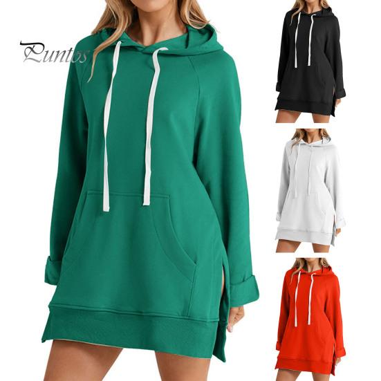 Женское платье с капюшоном, свободный однотонный цвет, с разрезом, завязками на талии, с большим карманом, с капюшоном, средней длины, для поездок на работу, свиданий, спортивная толстовка с капюшоном