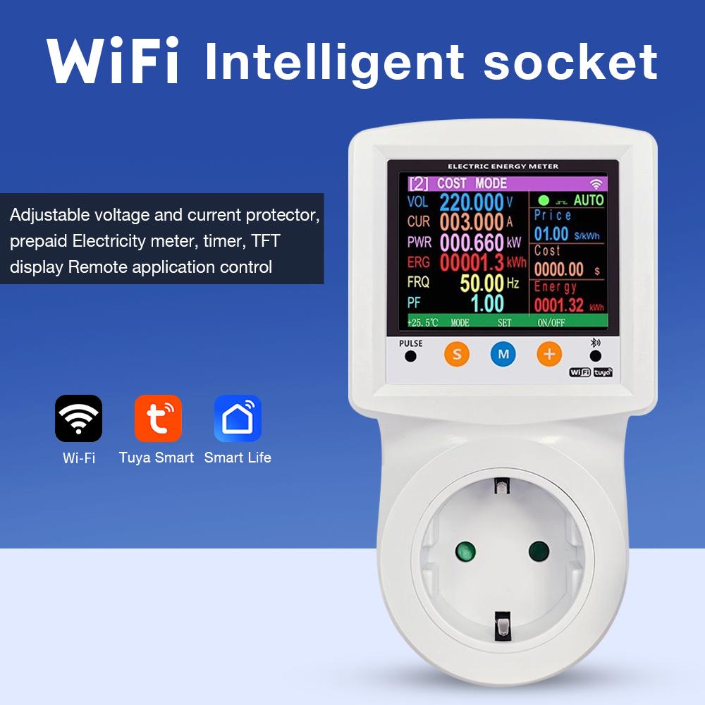Цифровая розетка-измеритель мощности AC 220V Tuya WiFi Таймер-выключатель Измеритель электрической энергии Защита от пониженного напряжения и перегрузки по току Вилка ЕС