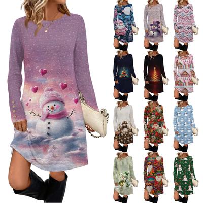Женское модное повседневное платье с карманами, декоративными пуговицами, рождественскими принтами, круглым вырезом и длинными рукавами