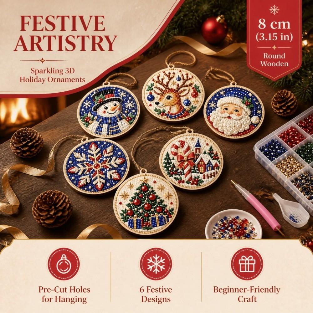 6Pcs Vintage Print Wooden Christmas Ornaments Set Art Xmas Hanging Decor Home Decor