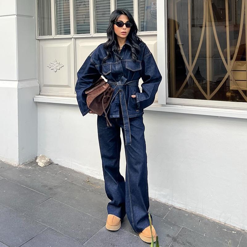 Винтажный пояс джинсовая куртка брючный костюм женский лацкан однобортный кружевной пиджак прямые брюки 2025 весна свободная женская одежда