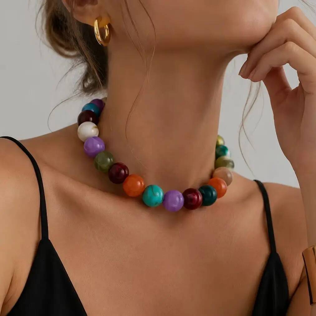 Salircon Y2K Bohemian Colorful Resin Beaded Choker Necklace Women 18K Gold Plated Stainless Steel Chain on the Neck Jewelry