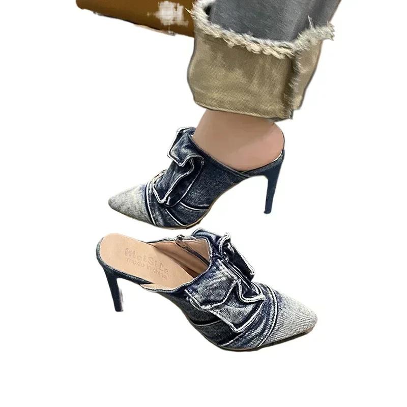 Модные женские джинсовые босоножки на танкетке, повседневные туфли на платформе с открытым носком, удобные туфли на высоком каблуке с пряжкой, женские туфли, тапочки, женские мюли
