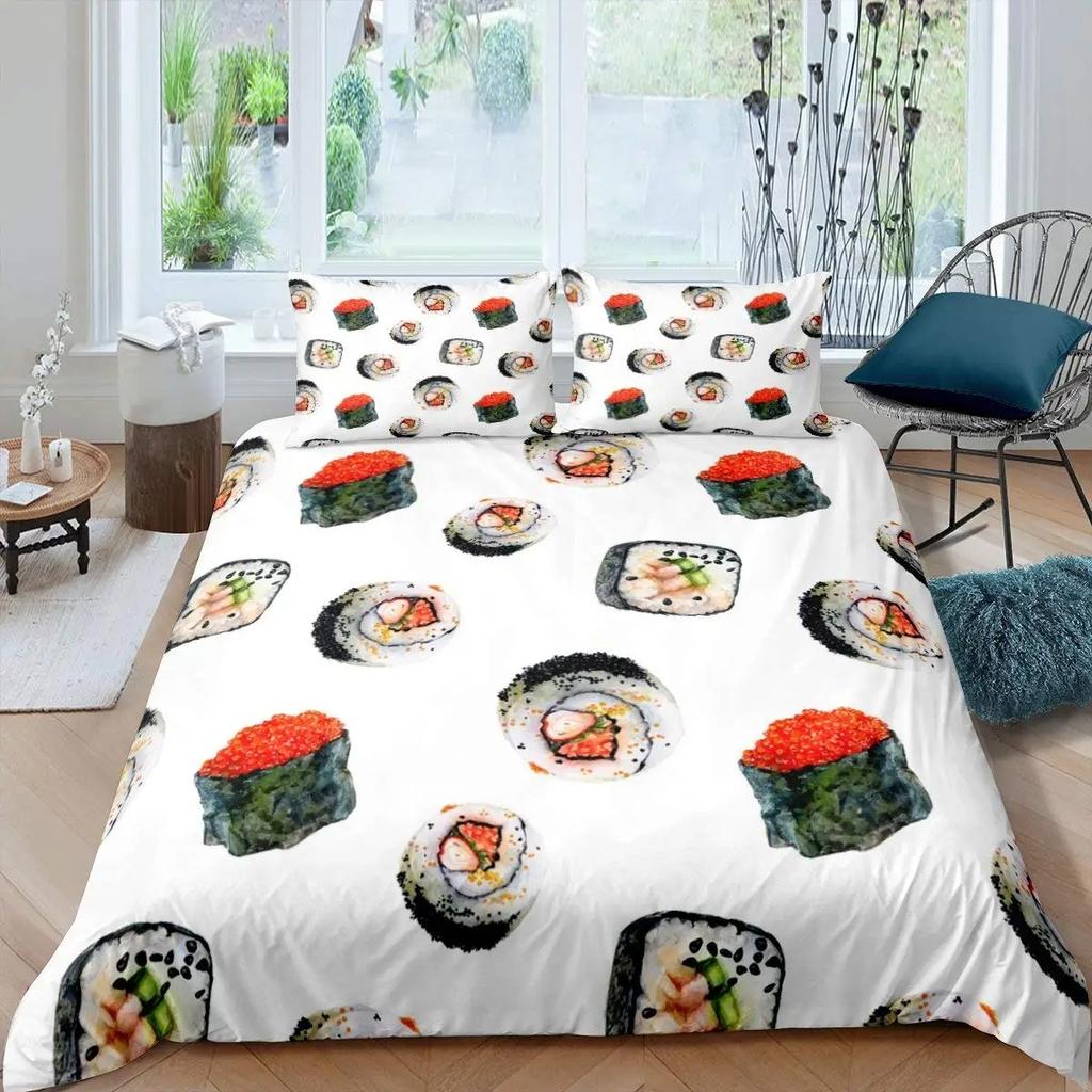 Японский Суши Пододеяльник Размер King Microfiber Милый Мультяшный Тема Еды Комплект Постельного Белья Чехол на Одеяло