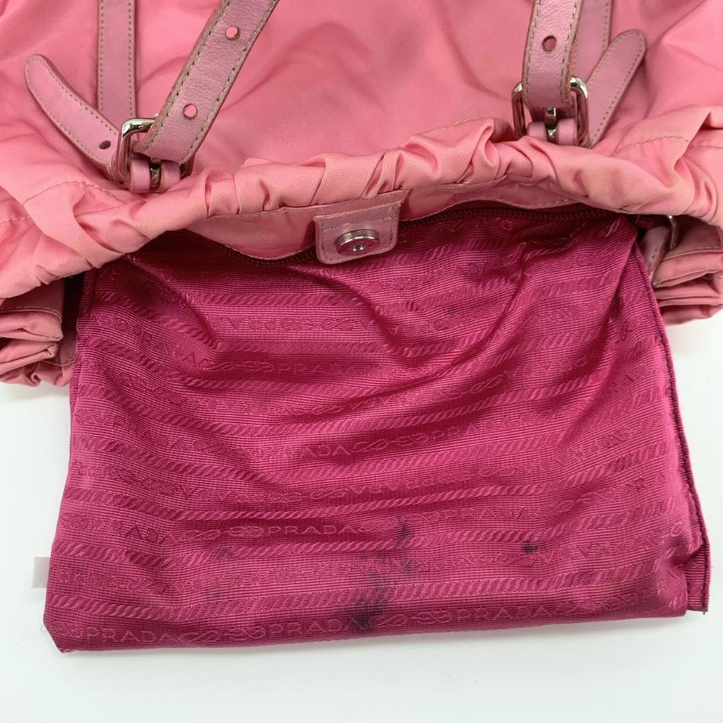PRADA Pocono Tessuto Nylon Ribbon Hand Tote Bag One Shoulder Strap Leather Pink Silver Hardware Triangle Logo Plate