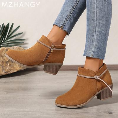 Женские замшевые ботильоны, модные туфли на среднем каблуке, женская обувь 2025 года, зимнее элегантное платье, новые туфли-лодочки, зимние ботинки для ходьбы, женские ботинки