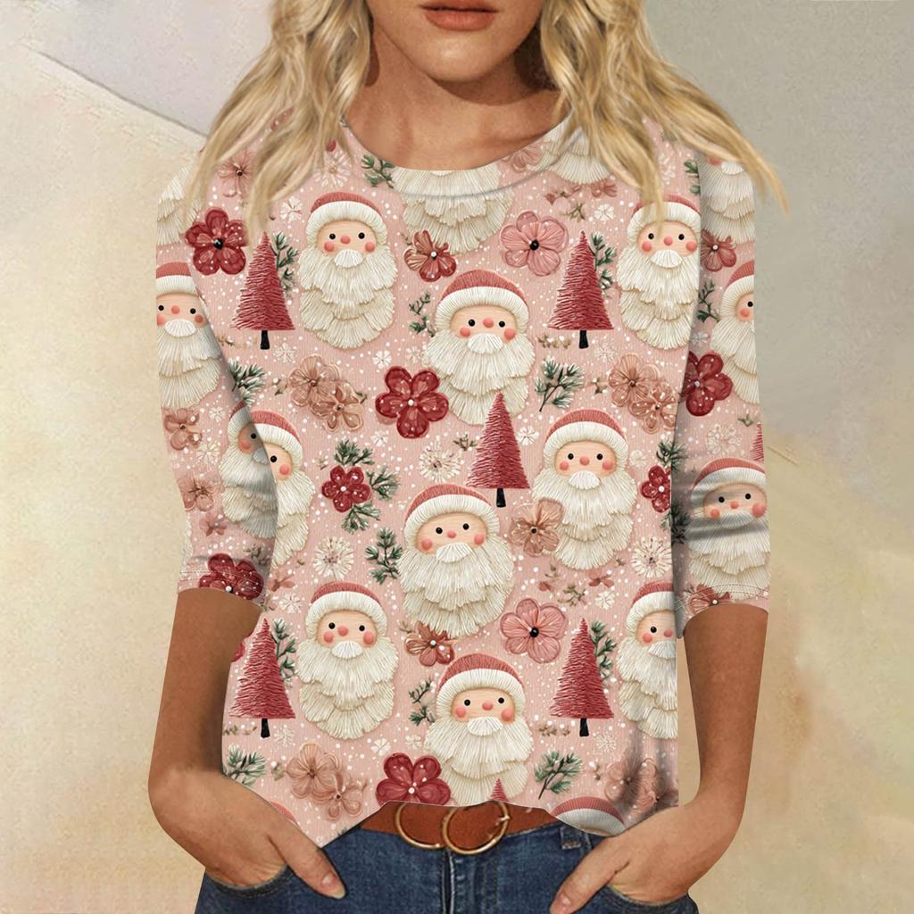 Women's Fashion Casual Round Neck 3/4 Sleeve Loose Printed T-Shirt Ladies Top