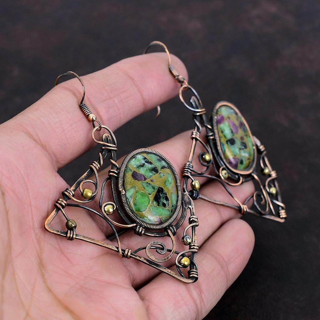 Copper Ruby Zoisite Earring Copper Wire Wrapped Earrings Designer Earring Handmade Jewelry Genuine Gemstone Earring Copper Jewelry For Gift