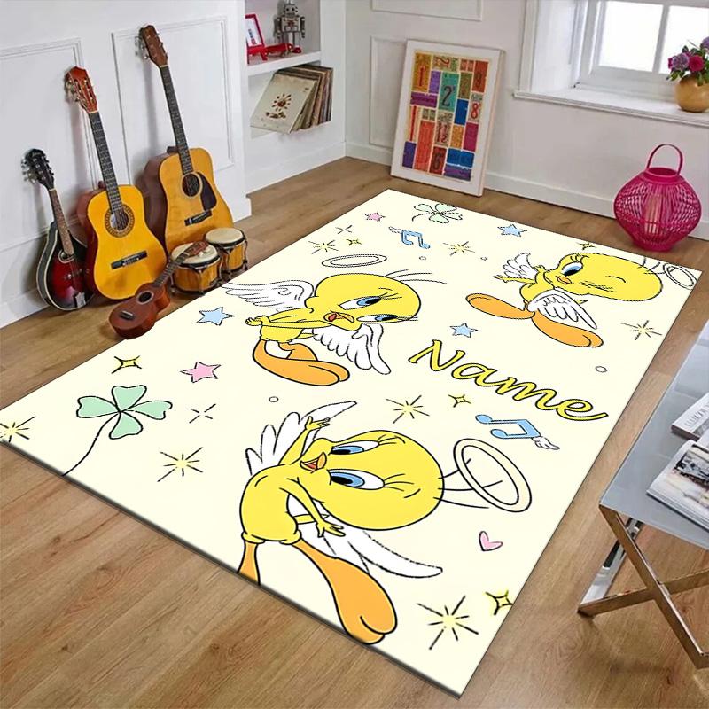 Custom Tweety Mat Personalized Name, Polyester Washable Indoor Entryway Rug, Gift for Christmas, Easter, Thanksgiving Day